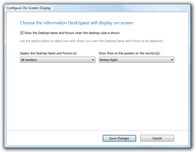 DeskSpace 1.5.7 - Configure On-Screen Display dialog