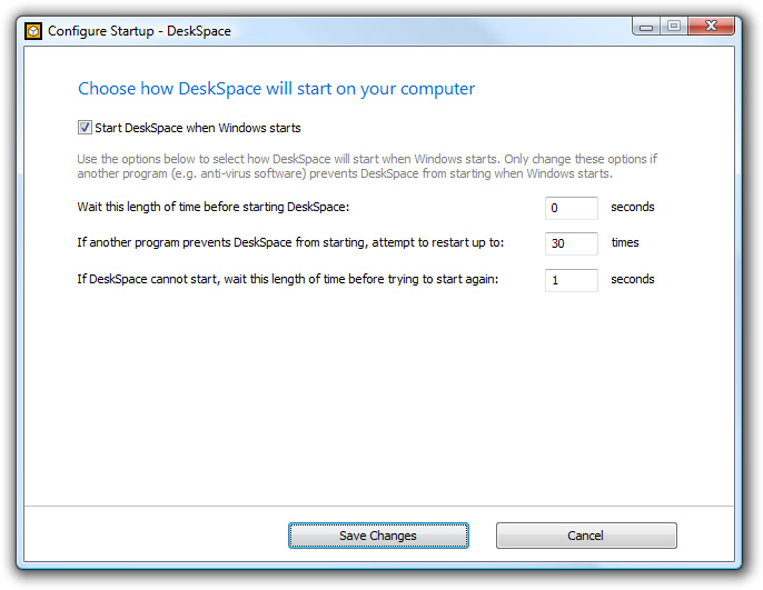 DeskSpace 1.5.8 - Configure Startup