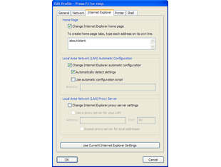 Internet Explorer settings can be modified, including the home page and proxy server.